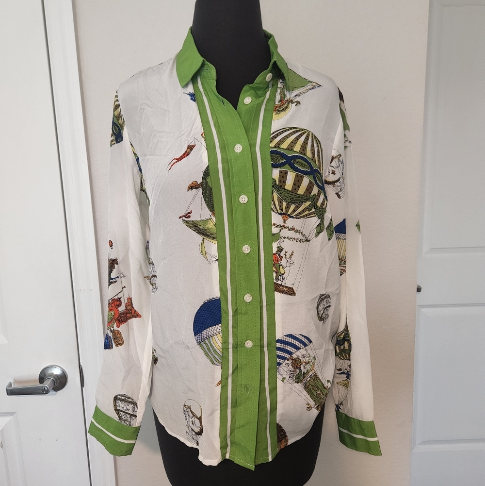 Maeve White and Green Graphic Button Down Shirt